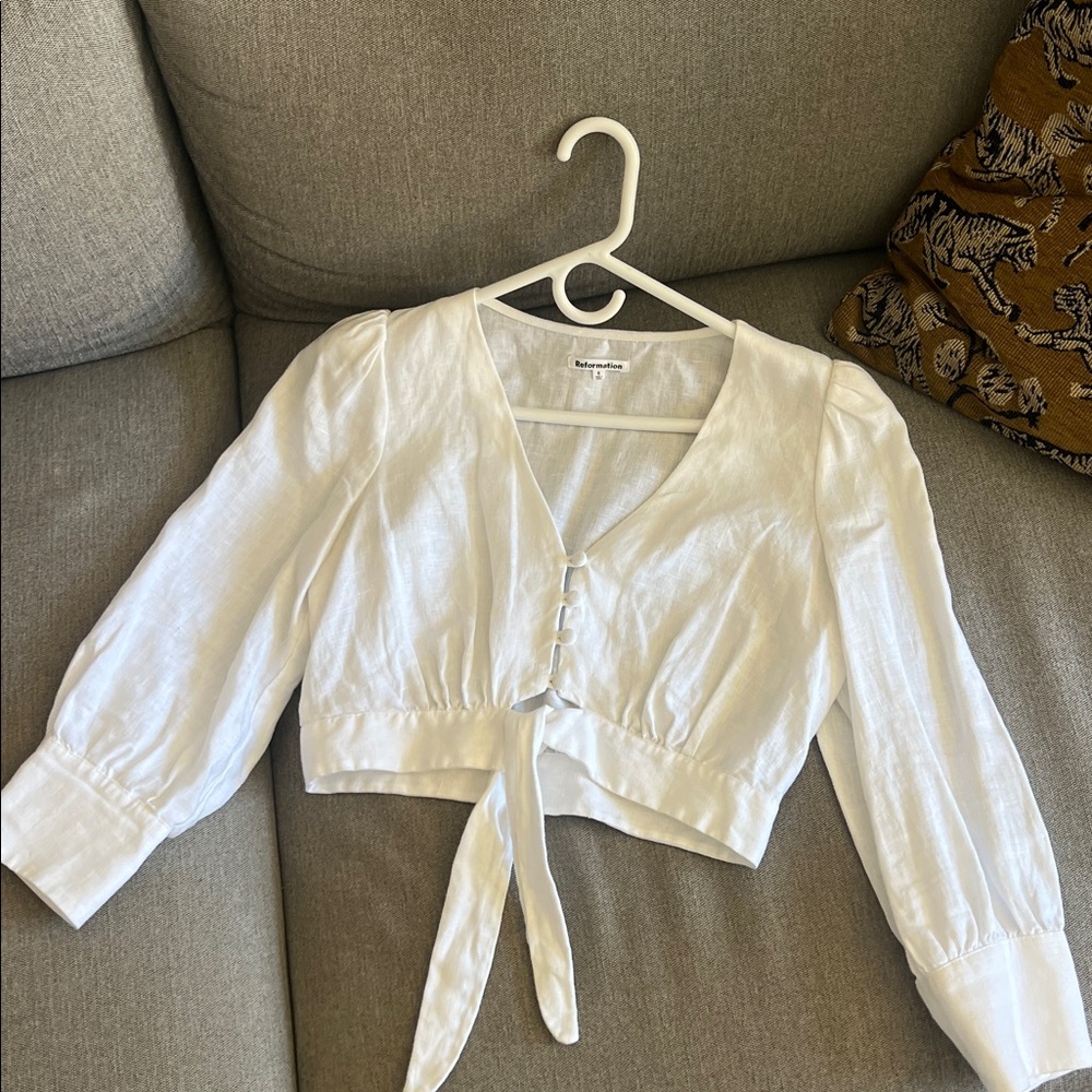 Reformation Bright White Linen Tie-Front Blouse